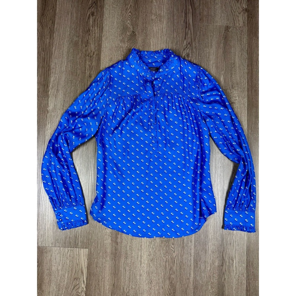 Vineyard Vines Women's Silk Blend Ruffle Neck Blouse Blue Top Ditsy Floral XS